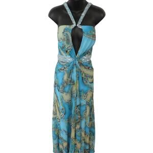 NWT Lafee Jasmine FORMAL PARTY Halter Sequin Blue Paisley Dress SZ 12 TROPICAL